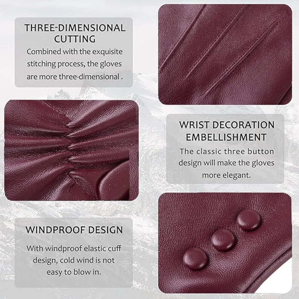 Women’s Leather Gloves Genuine SheepSkin Leather Cold Weather Cashmere Deep Red